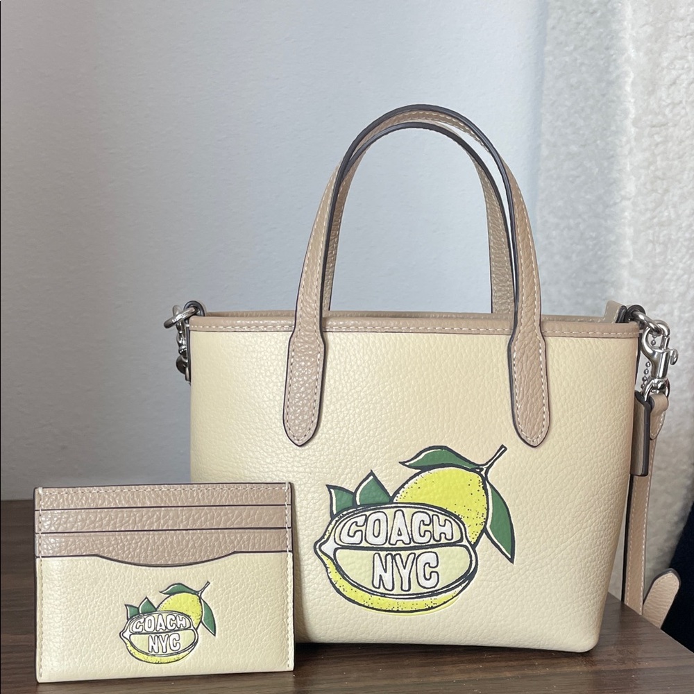 Coach city mini tote lemon NYC print pebbled leather EUC